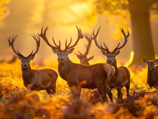 Herd of red deer stags bathed in warm sunrise light in a forest clearing