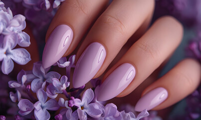 A close up of a womans hand with purple nail polish holding a bouquet of purple flowers, showcasing...