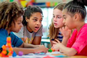 Teamwork in the classroom. A group of Teenage students working together on a project, discussing ideas
