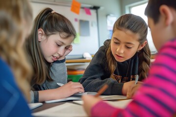 Teamwork in the classroom. A group of Teenage students working together on a project, discussing...