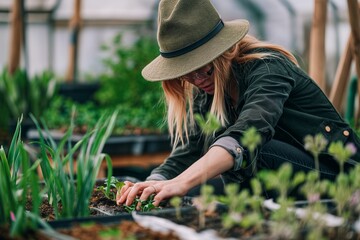 Obraz premium female botanist planting plants in a plant nursery