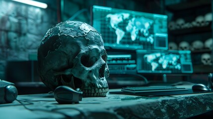 Aged Skull Commanding Center in Dystopian Cybersecurity Lab Intricate Maps and Defense Code on Cinematic Monitors
