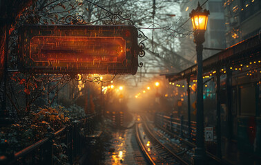 Neon sign hangs over wet street at night