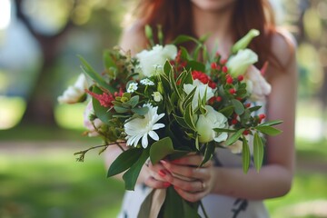 Woman holding a bouquet of flowers in a park