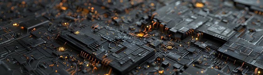 Futuristic Black Circuit Board with Glowing Orange Elements - A Hyperrealistic 3D Render - obrazy, fototapety, plakaty
