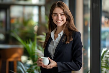Woman in a business suit holding a cup of coffee in a office