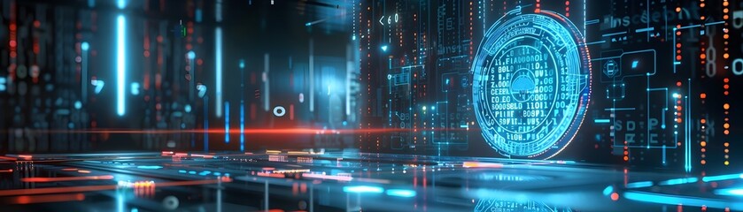 Obraz premium Futuristic Digital Background with Illuminated Coin Icon and Data Streams Symbolizing Technological Innovation and Cyber Security
