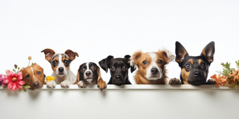 A group of dogs peek behind a board decorated with flowers on a white background.