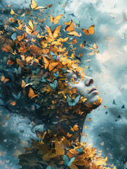 Fantasie Kunst mit Schmetterlingen.. Eine Frau träumt mit geschlossenen Augen von der Leichtigkeit des Seins. KI generiert. - 757089025