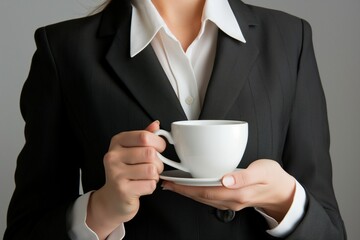 Woman in a business suit holding a cup of coffee
