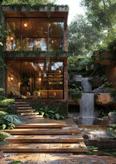 Modern house in the forest with waterfall