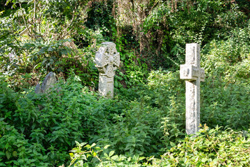 Zugewachsene Grabsteine hinter einer alten Kirche in Cornwall