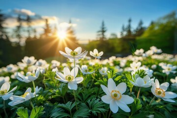 Beautiful white flowers of anemones in spring on background of blue sky and forest in sunlight in nature.  - Powered by Adobe
