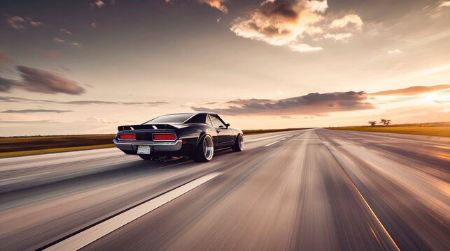 Back view tracking shot of a black car speeding on empty highway