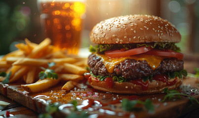 Cheeseburger and french fries with cold beer - obrazy, fototapety, plakaty