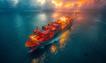 Aerial view of Cargo ship and tugboat in the sea during sunset - obrazy, fototapety, plakaty