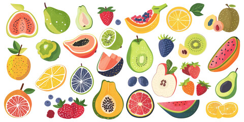 Illustration of colorful fruits on a white background.