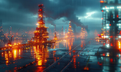 Oil platform in the sea at night. Pipeline. Industrial zone.