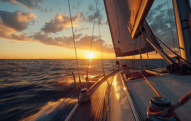 a sailboat sailing on the ocean at sunset with the sun setting behind it and clouds in the sky - Powered by Adobe