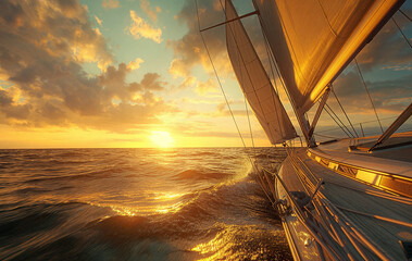 a sailboat sailing on the ocean at sunset with the sun setting behind it and clouds in the sky
