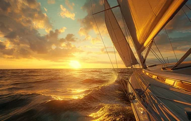 Fotobehang a sailboat sailing on the ocean at sunset with the sun setting behind it and clouds in the sky © Vitaliy