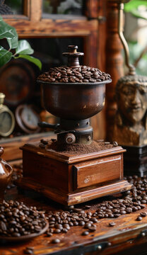 Old-fashioned coffee grinder and coffee beans on wooden table
