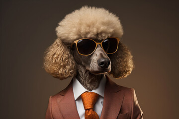 A stylish poodle wearing a suit and glasses., anthropomorphic image on studio.
