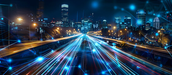 Fototapeta na wymiar Abstract cityscape background featuring a night highway with illuminated road lights, capturing the motion of traffic. The image has a long exposure, creating a dynamic and blurred effect.