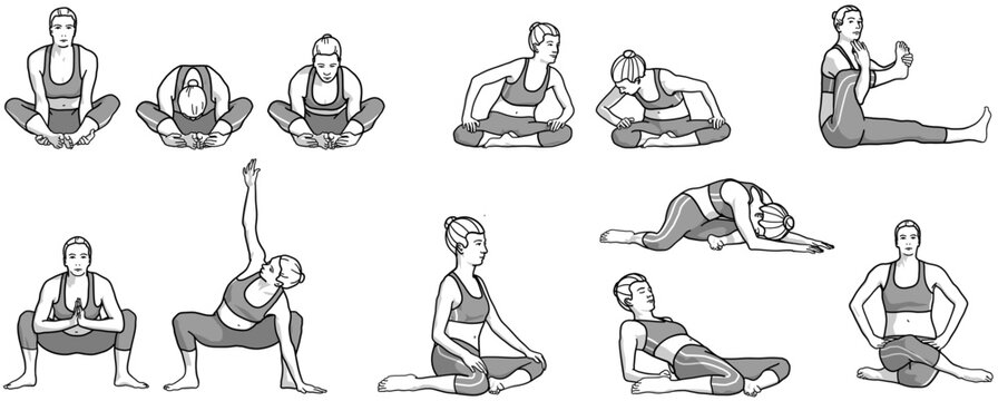 Illustration yoga / Garland pose / Malasana / seat / mobilisation / dehnung / stretching