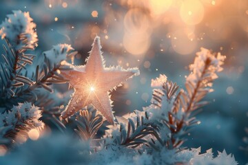 Beautiful winter Christmas background with a star covered with hoarfrost. - obrazy, fototapety, plakaty