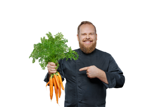  Friendly chef cook holds a big bunch of carrots isolated on free PNG background. - Powered by Adobe