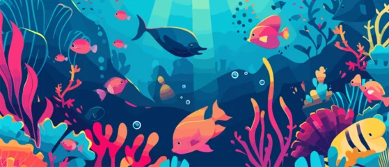 Cercles muraux Vie marine Vibrant illustration undersea portrays a bustling colorful coral reef ecosystem and stylized fish.