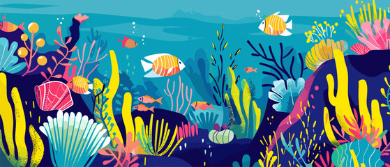 Fototapeta na wymiar Vibrant illustration undersea portrays a bustling colorful coral reef ecosystem and stylized fish.