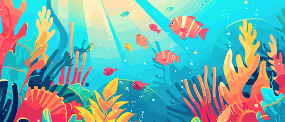 Vibrant illustration undersea portrays a bustling colorful coral reef ecosystem and stylized fish.