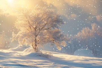 Beautiful winter Christmas landscape with snowdrifts and a beautiful fluffy tree in hoarfrost.