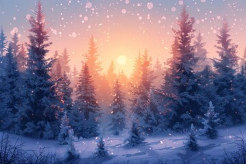 Beautiful winter landscape with fir trees in a snowy forest in the evening at sunset.