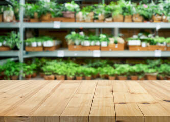 Wood table with blurred blurred garden store