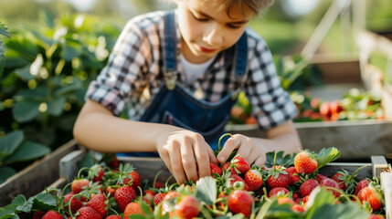 child picking strawberries