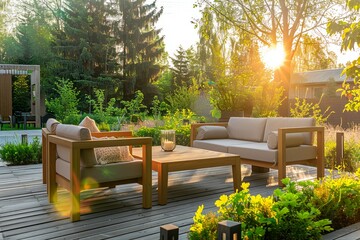 Area of spacious house terrace with modern garden furniture - obrazy, fototapety, plakaty