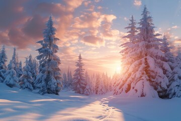 Beautiful winter landscape with fir trees in a snowy forest in the evening at sunset.