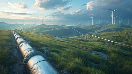 Fotobehang Green Energy Nexus: Hydrogen Pipeline and Wind Turbines in Sustainable Landscape © Rukma