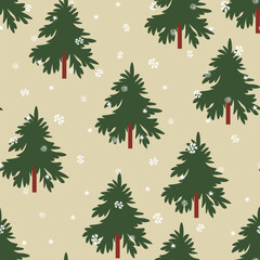 Winter seamless pattern with Christmas tree and snowflakes on color background. Vector illustration for fabric, textile wallpaper, posters, gift wrapping paper. Merry Christmas and New year Vector