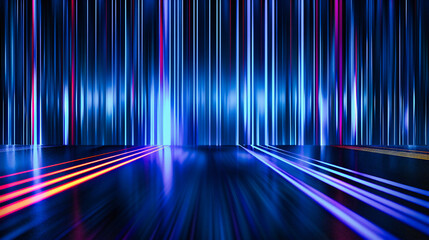 Futuristic and dark room illuminated by neon lights, creating a mysterious and modern atmospheric scene