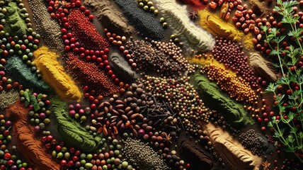 a seamless texture adorned with an array of spices and herbs, capturing their vibrant colors and aromatic essence.