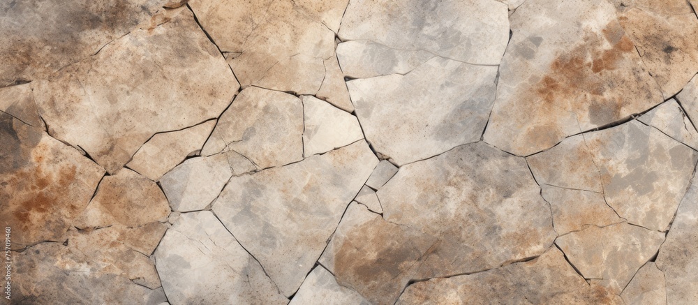 Poster a close up of a beige stone wall with a geometric pattern made of natural building material such as 