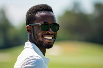 man with a beard and glasses is smiling while holding a golf club. He is wearing a blue shirt and he is enjoying his time on the golf course. Smiling African American man with sunglasses playing golf