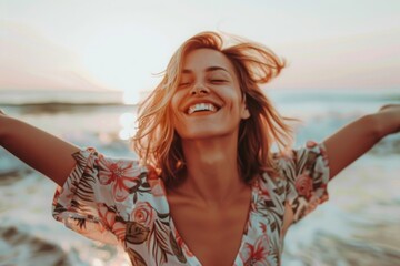 Backlit Portrait of calm happy smiling free woman with open arms and closed eyes enjoys a beautiful moment life on the seashore at sunset  - obrazy, fototapety, plakaty