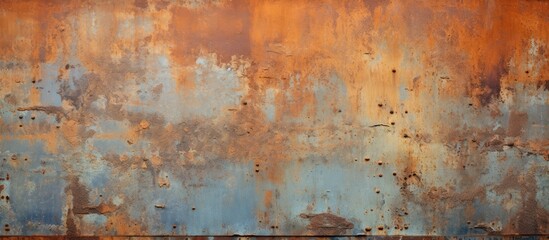 An artistic closeup of a weathered metal wall resembling a painting. The rusty texture against the sky creates a visual art piece in a natural landscape