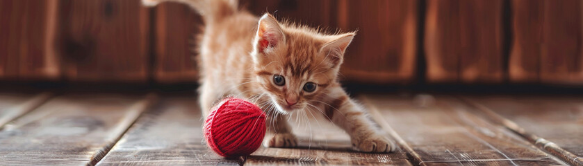 A playful kitten chasing a ball of yarn - obrazy, fototapety, plakaty
