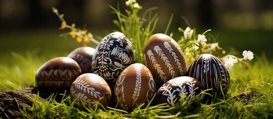 A group of colorful Easter eggs is nestled among the terrestrial plants and grass, blending in with...